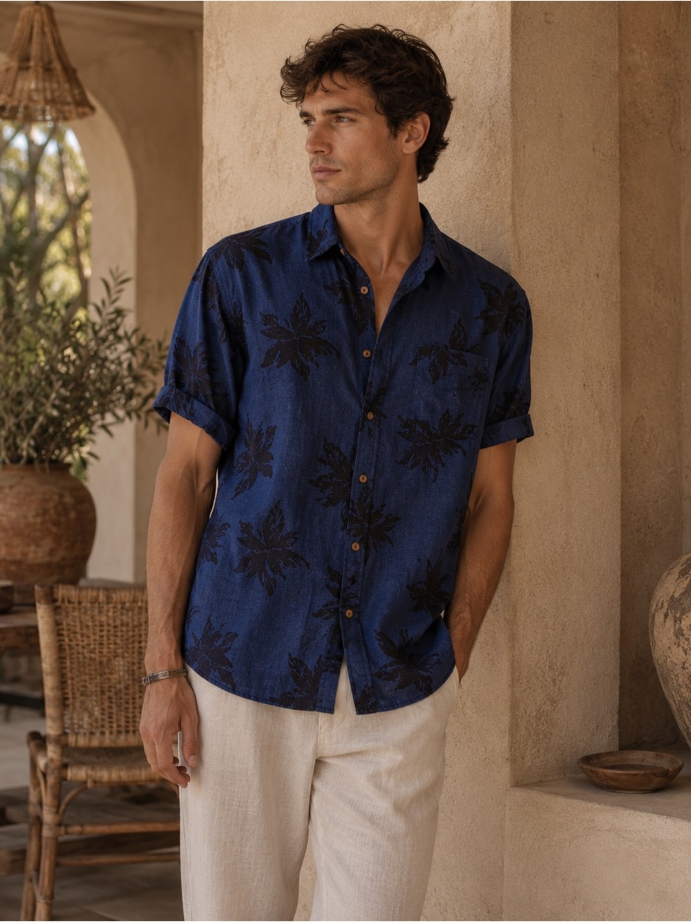 NWT BEN SHERMAN LINEN Blend Short Sleeve Men’s Shirt Tropical Floral Navy LARGE